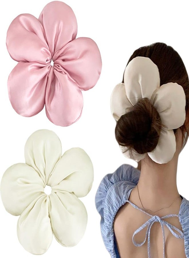 دينبري ربطات شعر ساتان كبيرة مزينة بالزهور للنساء، ربطات شعر حريرية على شكل زهور للفتيات، إكسسوارات شعر كورية عصرية كبيرة الحجم مزينة بالزهور للشعر الكثيف المجعد (وردي وبيج) - Image 1